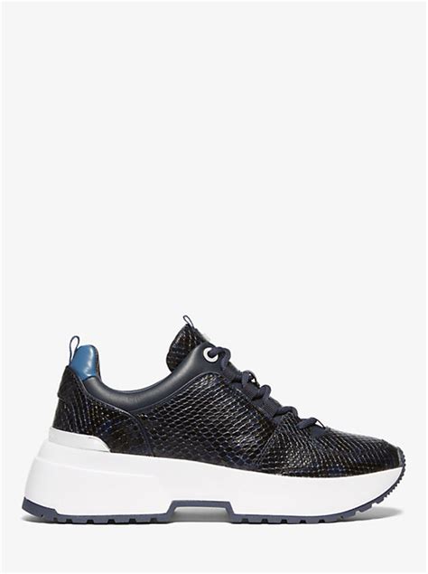 michael michael kors cosmo snake-embossed leather trainer|Zuma Snake Embossed Leather and Mesh Trainer .